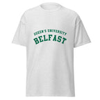 Unisex navy blue t-shirt featuring Queen's University Belfast logo printed across the front chest