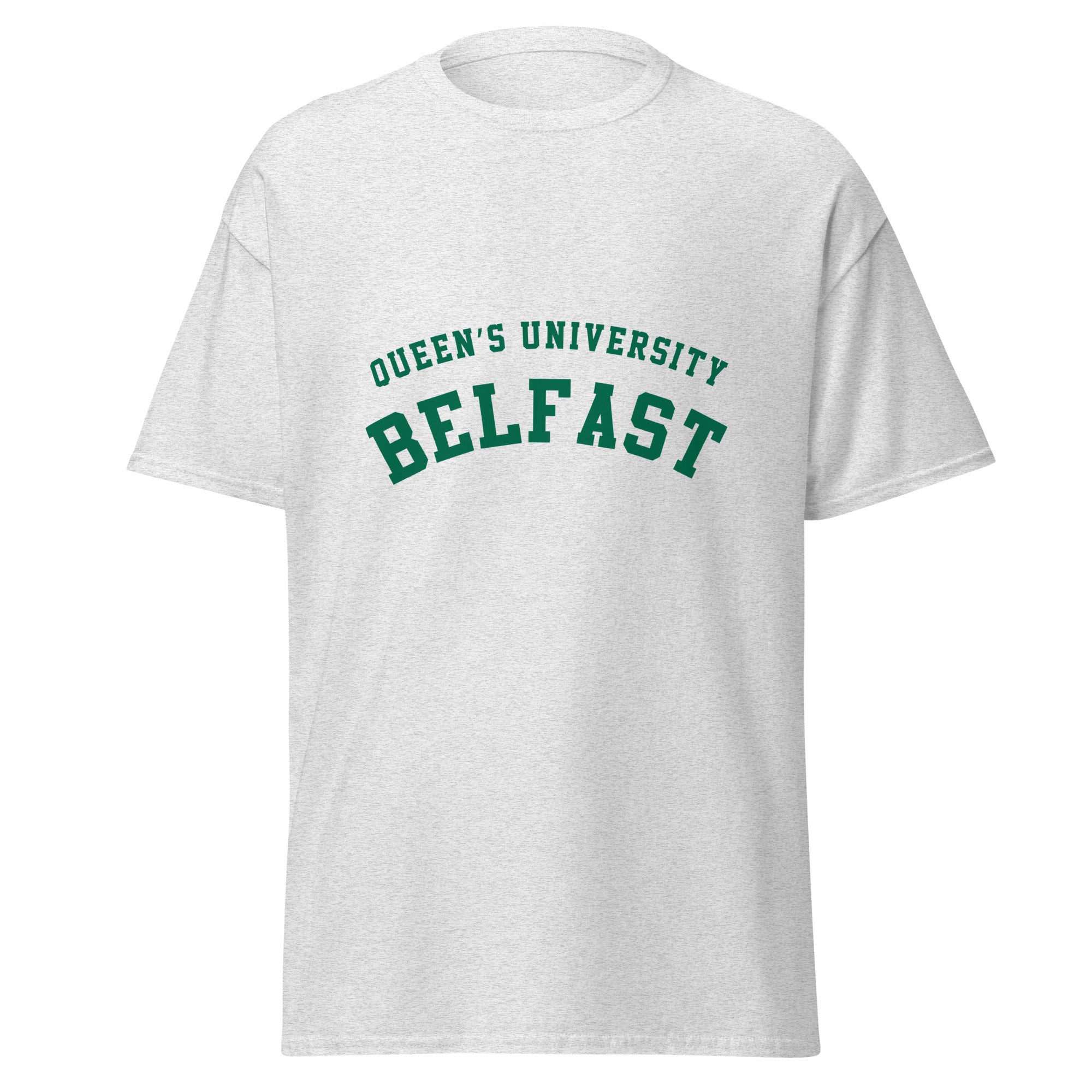 Unisex navy blue t-shirt featuring Queen's University Belfast logo printed across the front chest