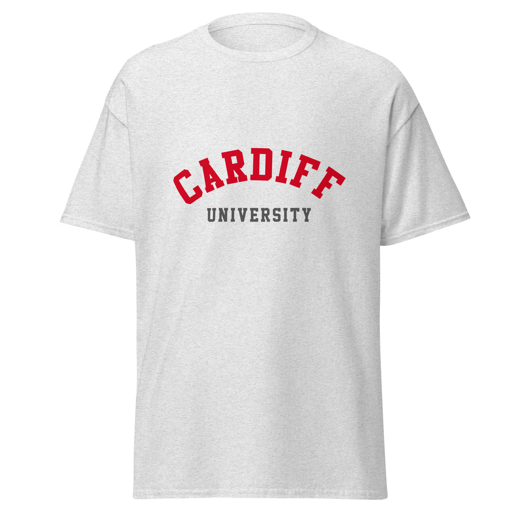 Unisex navy blue t-shirt featuring Cardiff University logo printed across the front chest