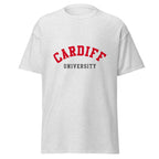 Unisex navy blue t-shirt featuring Cardiff University logo printed across the front chest