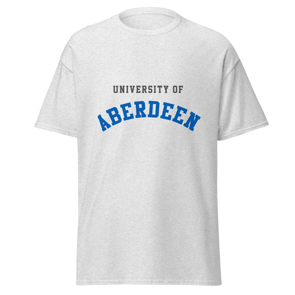 Unisex navy blue t-shirt featuring University of Aberdeen logo printed across the front chest