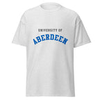Unisex navy blue t-shirt featuring University of Aberdeen logo printed across the front chest