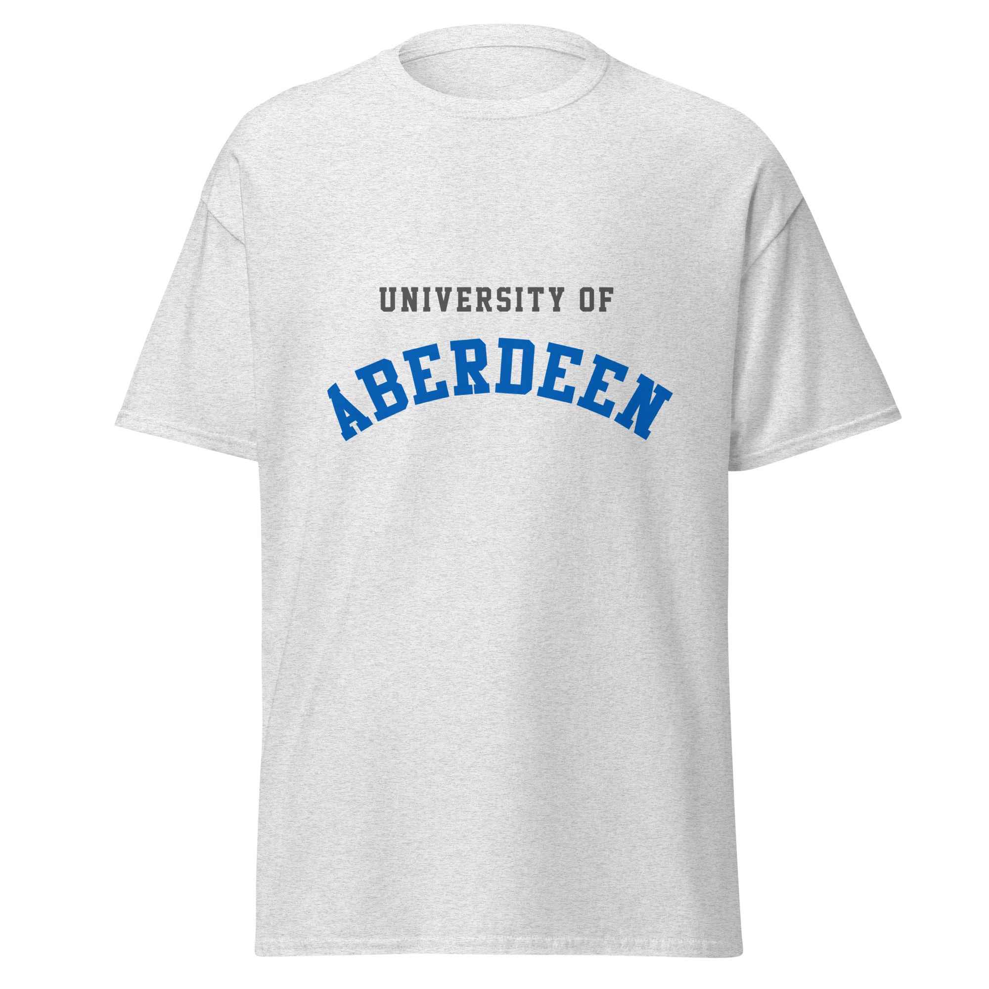 Unisex navy blue t-shirt featuring University of Aberdeen logo printed across the front chest