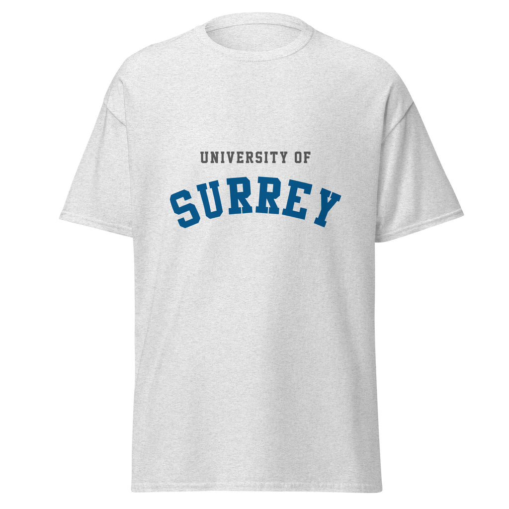 Unisex navy blue t-shirt featuring University of Surrey logo printed across the front chest