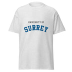 Unisex navy blue t-shirt featuring University of Surrey logo printed across the front chest