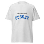 Unisex navy blue t-shirt featuring University of Sussex logo printed across the front chest
