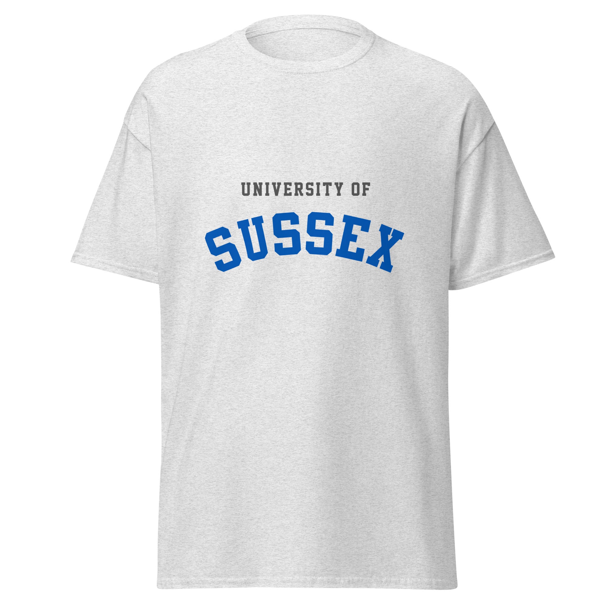 Unisex navy blue t-shirt featuring University of Sussex logo printed across the front chest