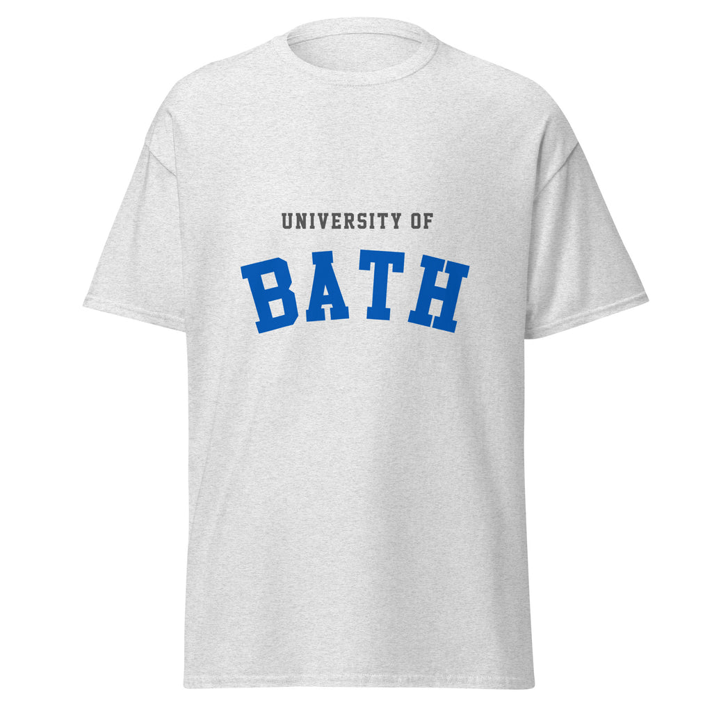 Unisex navy blue t-shirt featuring University of Bath logo printed across the front chest