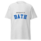 Unisex navy blue t-shirt featuring University of Bath logo printed across the front chest
