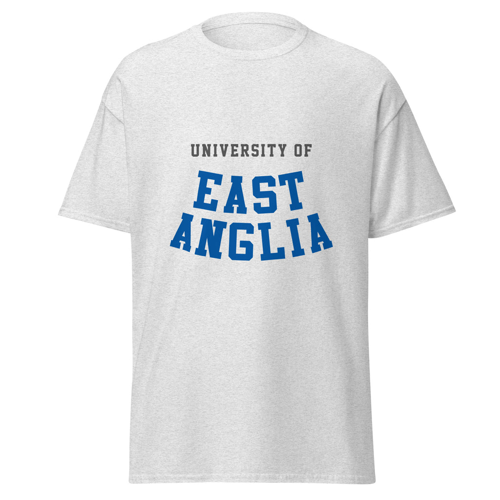 Unisex navy blue t-shirt featuring University of East Anglia logo printed across the front chest