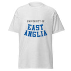 Unisex navy blue t-shirt featuring University of East Anglia logo printed across the front chest
