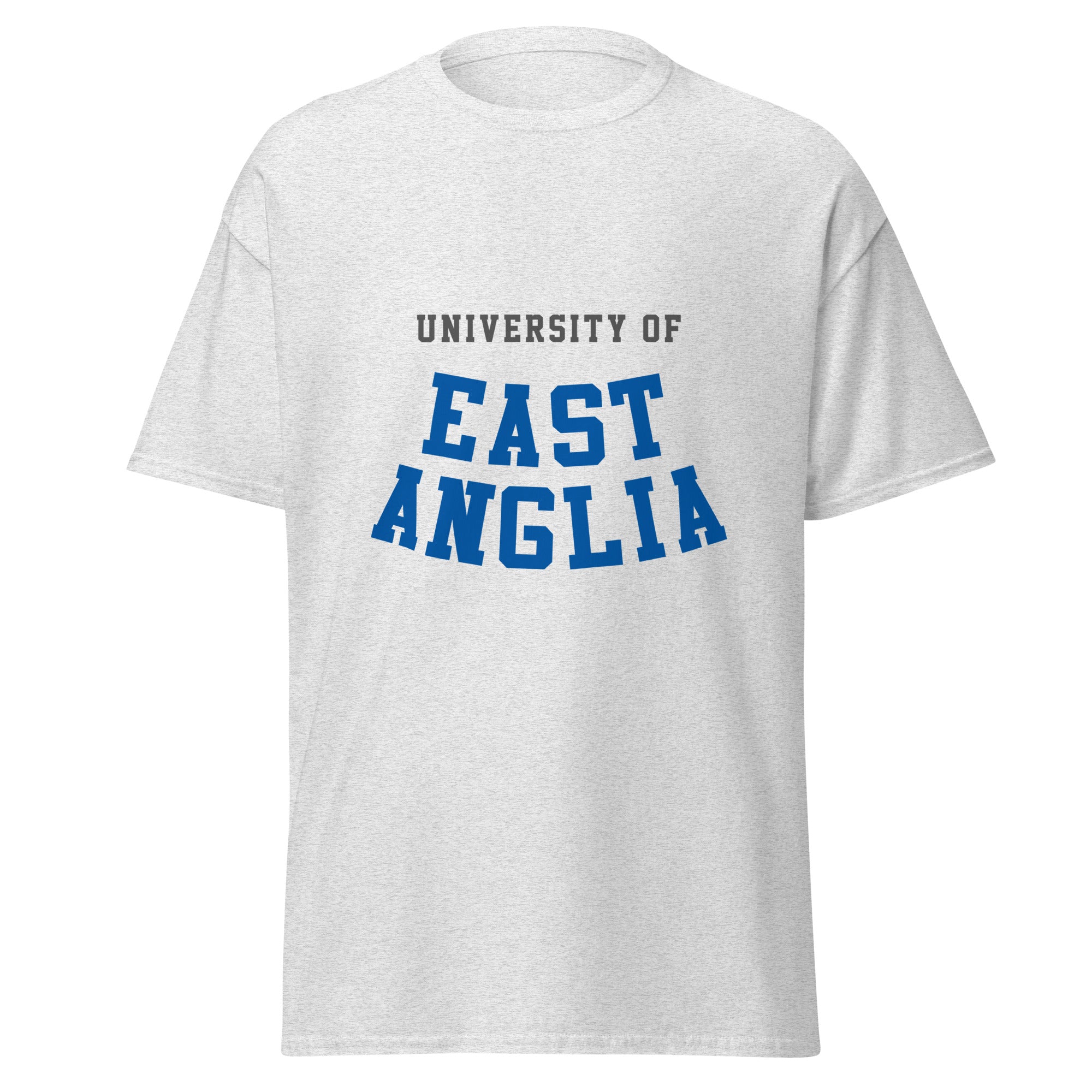 Unisex navy blue t-shirt featuring University of East Anglia logo printed across the front chest