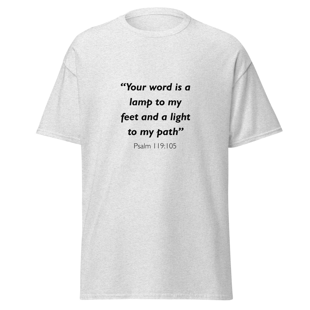 Unisex black t-shirt with Psalm 119:105 Bible verse printed in black text on front