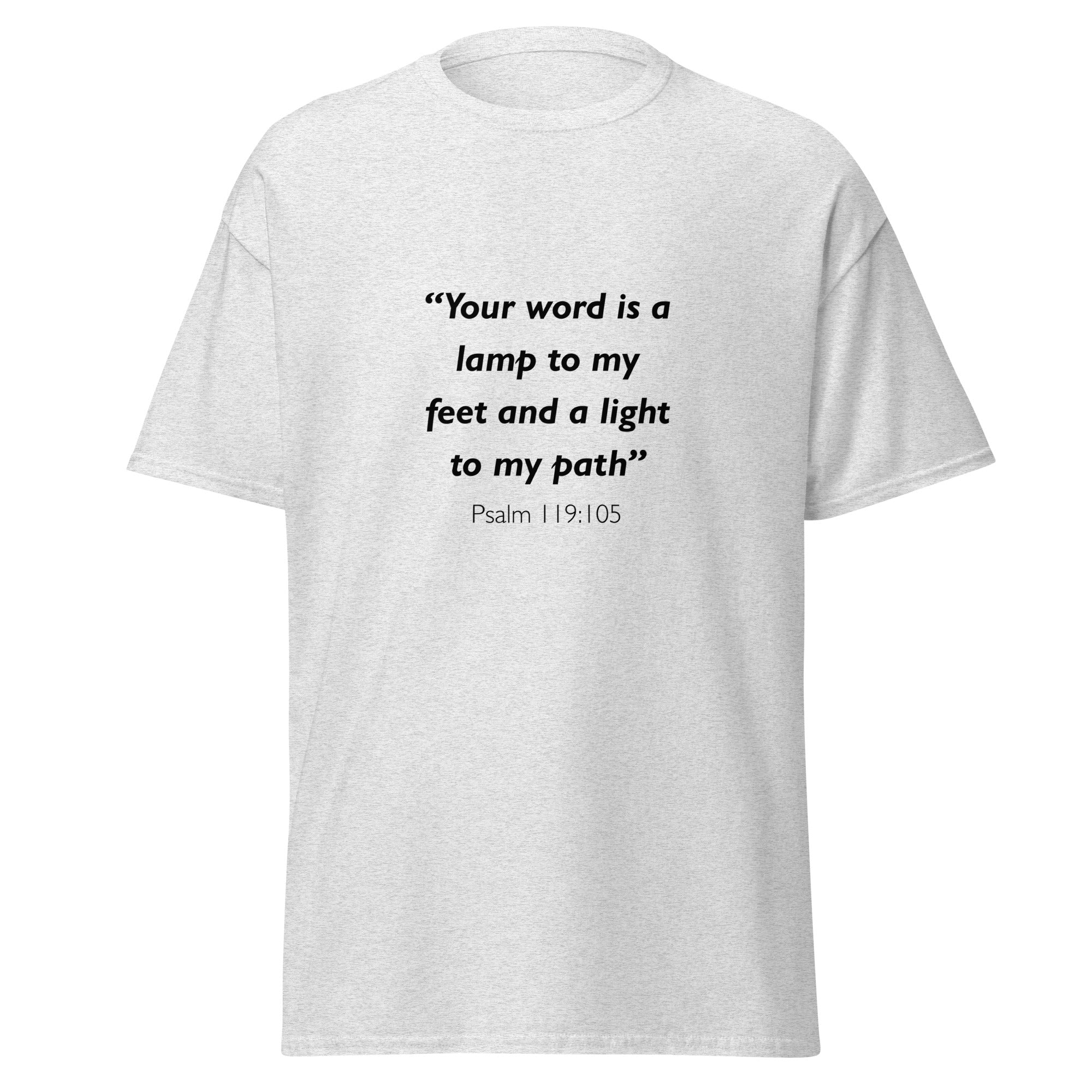 Unisex black t-shirt with Psalm 119:105 Bible verse printed in black text on front