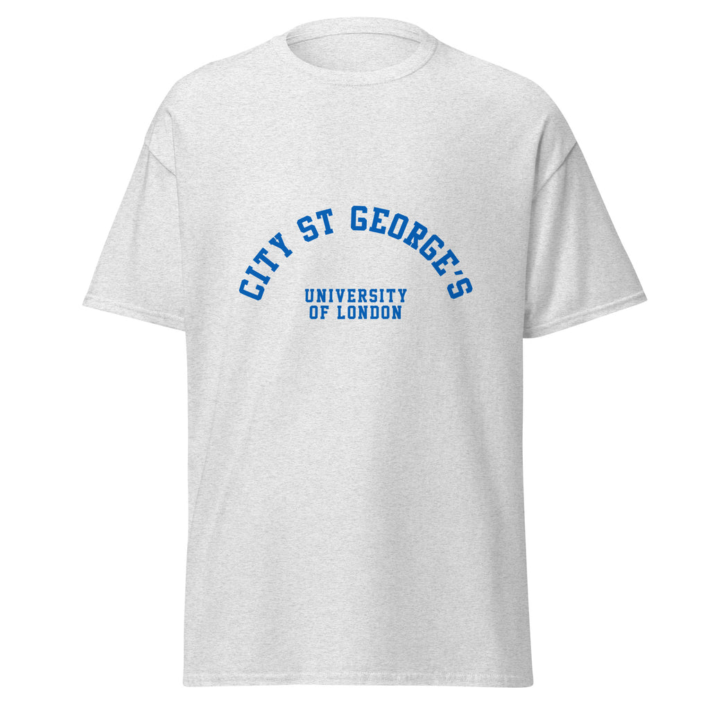 Unisex navy blue t-shirt featuring St George's, University of London logo printed across the front chest