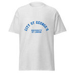 Unisex navy blue t-shirt featuring St George's, University of London logo printed across the front chest