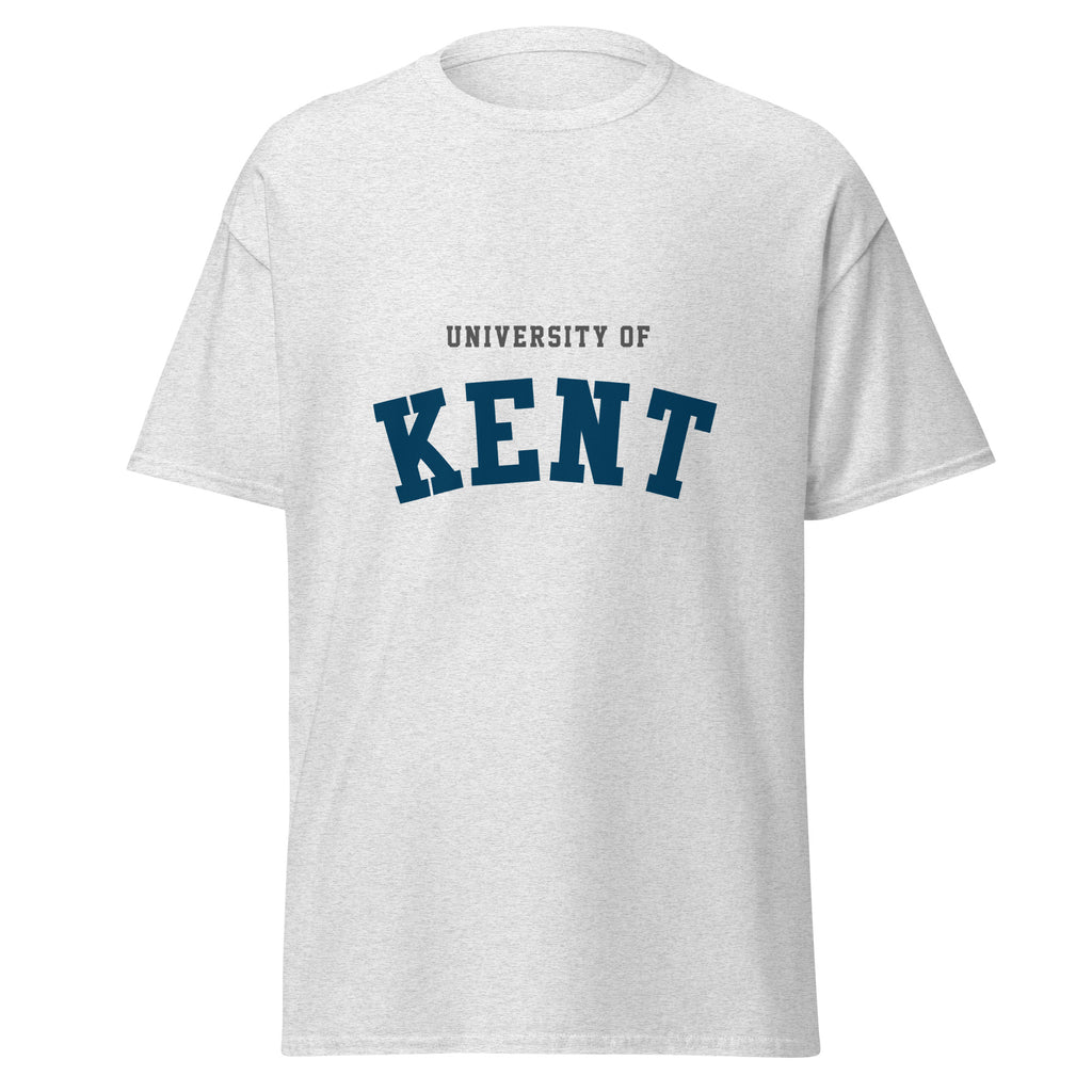 Unisex navy blue t-shirt featuring University of Kent logo printed across the front chest