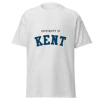 Unisex navy blue t-shirt featuring University of Kent logo printed across the front chest