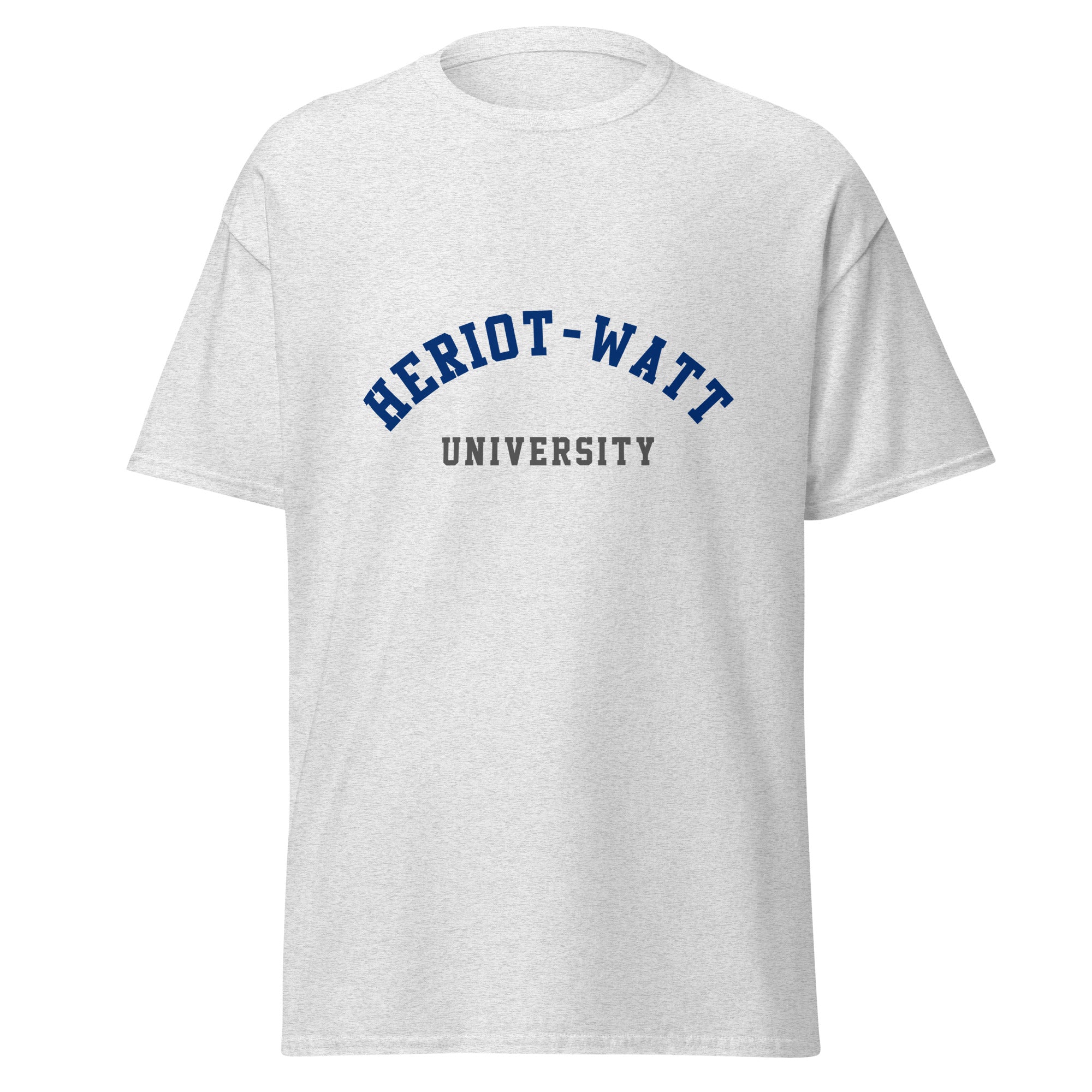 Unisex navy blue t-shirt featuring Heriot-Watt University logo printed across the front chest