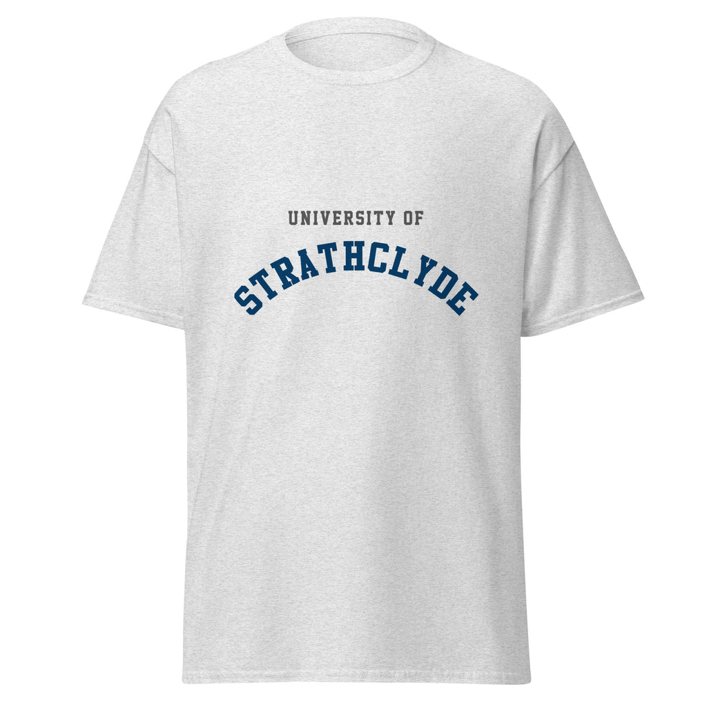 Unisex navy blue t-shirt featuring University of Strathclyde logo printed across the front chest
