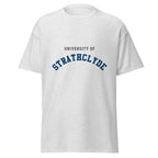 Unisex navy blue t-shirt featuring University of Strathclyde logo printed across the front chest