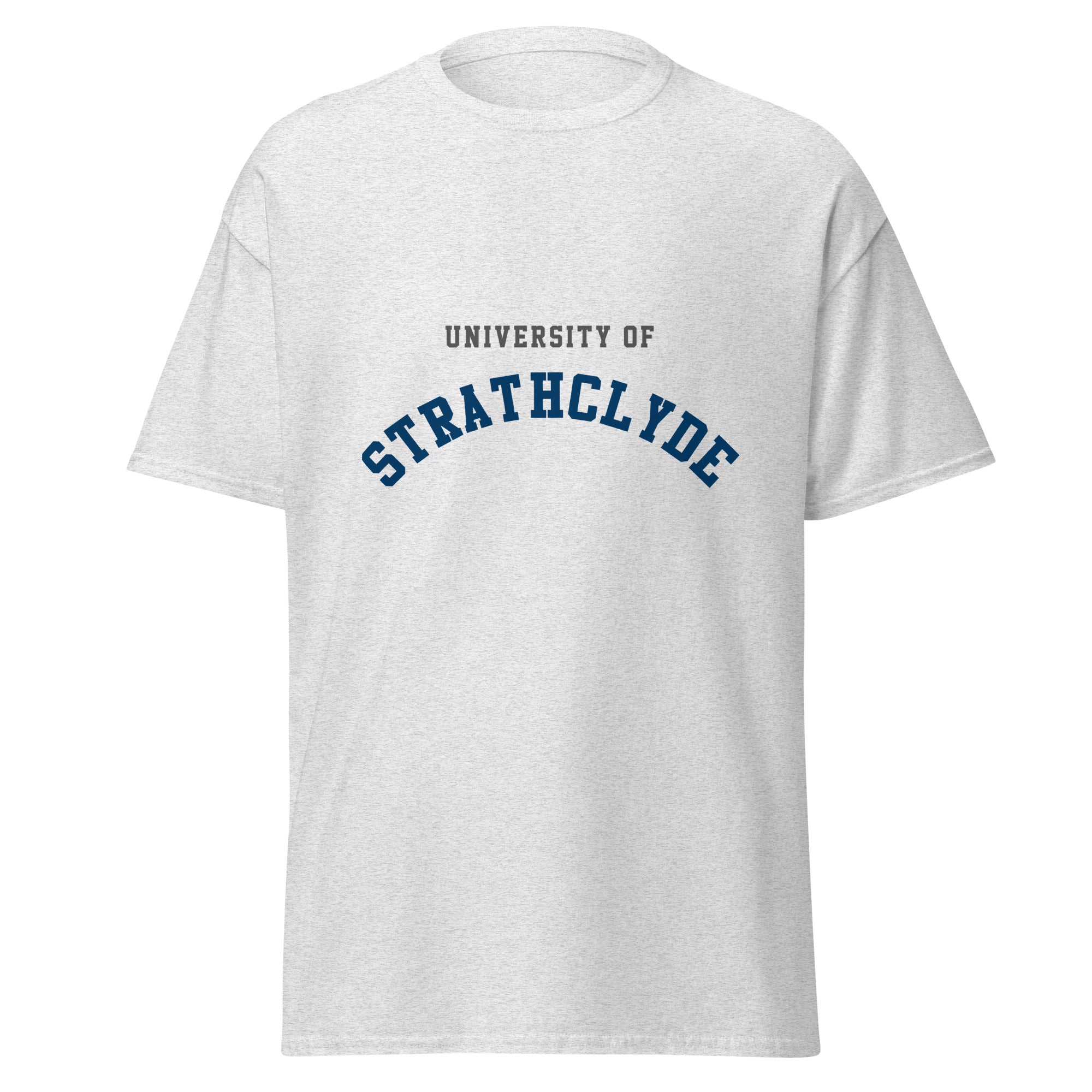 Unisex navy blue t-shirt featuring University of Strathclyde logo printed across the front chest