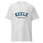 Unisex navy blue t-shirt featuring Keele University logo printed across the front chest