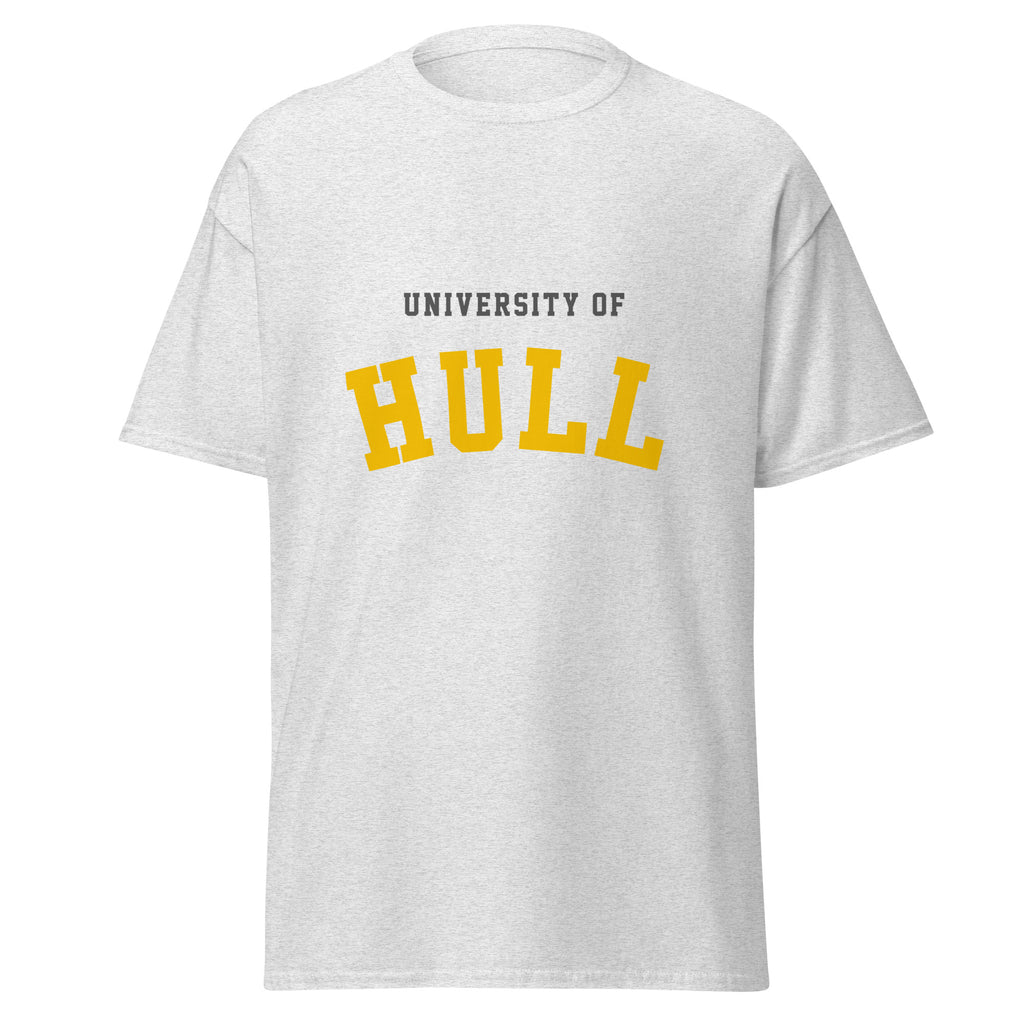 Unisex navy blue t-shirt featuring University of Hull logo printed across the front chest