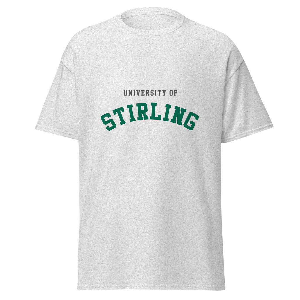 Unisex heather gray t-shirt featuring University of Stirling logo printed across the front chest