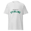 Unisex heather gray t-shirt featuring University of Stirling logo printed across the front chest