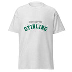 Unisex heather gray t-shirt featuring University of Stirling logo printed across the front chest