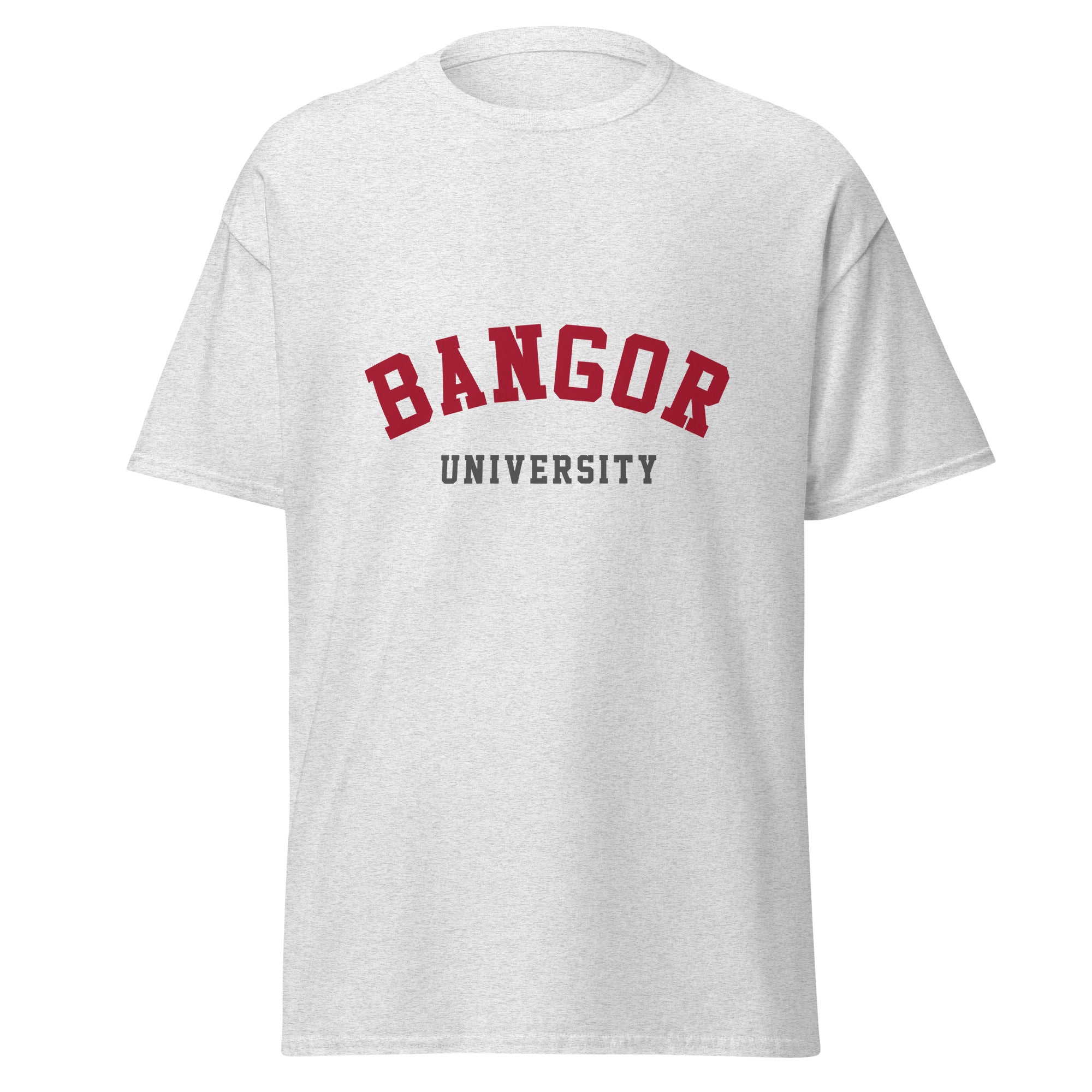 Unisex heather gray t-shirt featuring Bangor University logo printed across the front chest