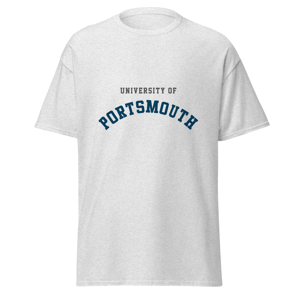 Unisex heather gray t-shirt featuring University of Portsmouth logo printed across the front chest