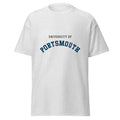 Unisex heather gray t-shirt featuring University of Portsmouth logo printed across the front chest