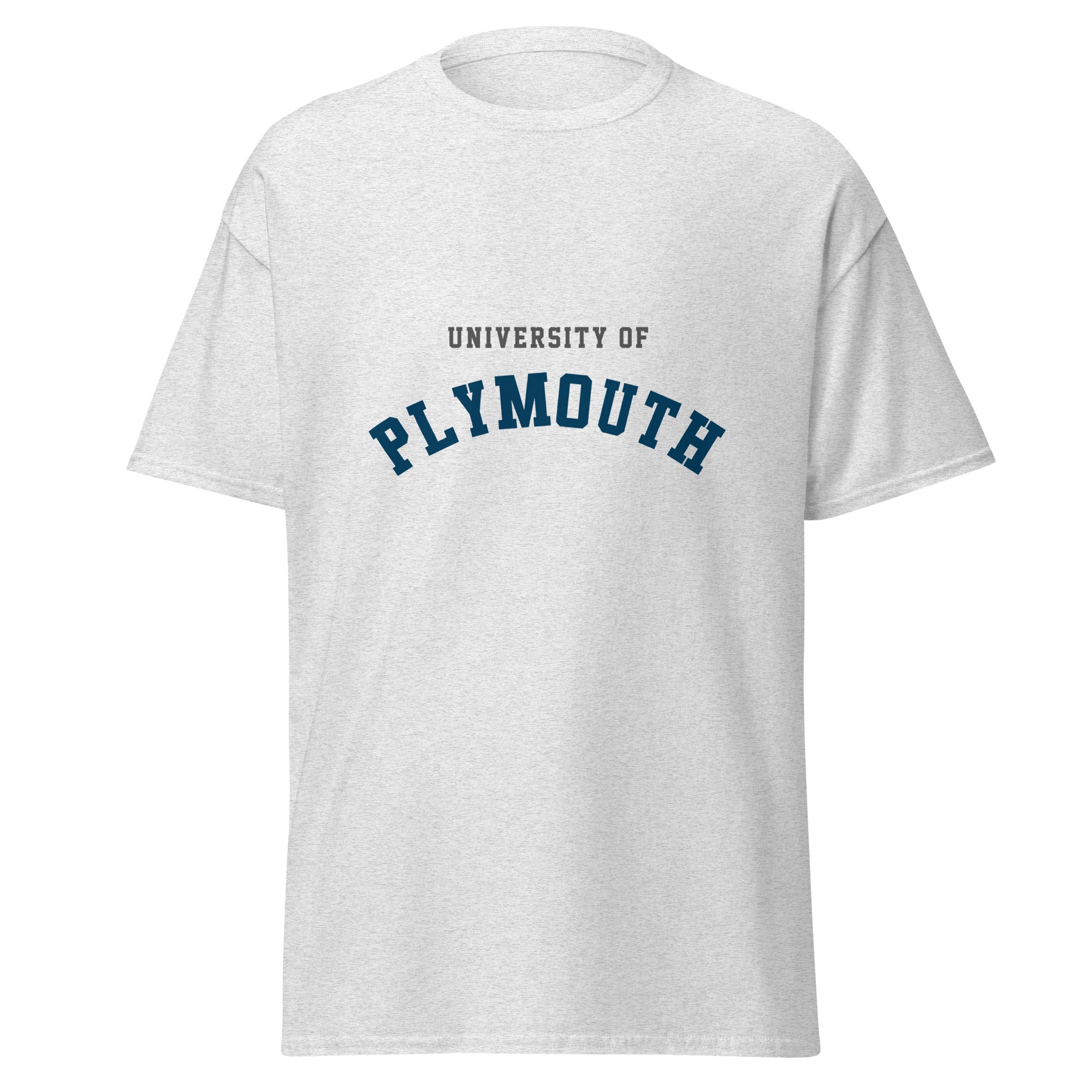 Unisex heather gray t-shirt featuring University of Plymouth logo printed across the front chest