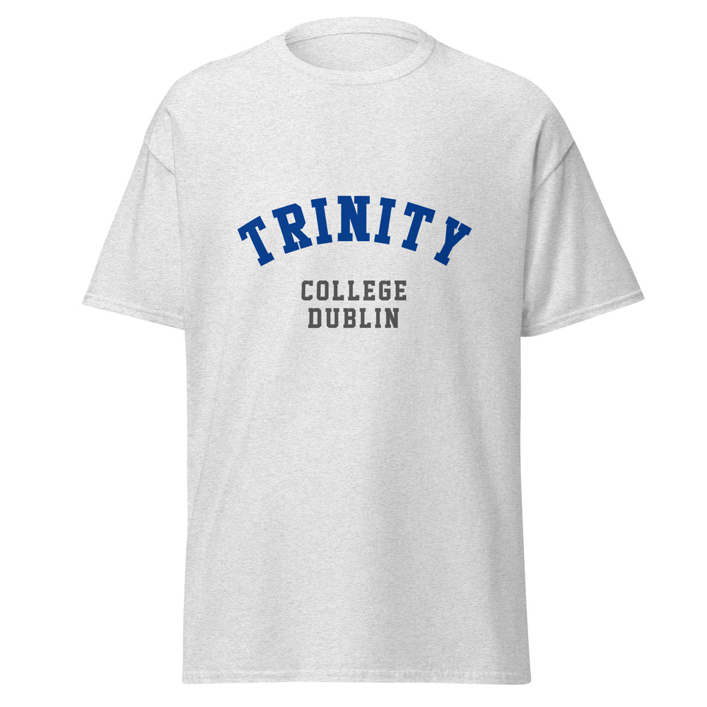 Unisex heather gray t-shirt featuring Trinity College Dublin logo printed across the front chest