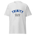 Unisex heather gray t-shirt featuring Trinity College Dublin logo printed across the front chest