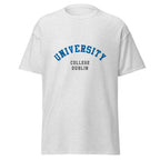 Unisex heather gray t-shirt featuring University College Dublin logo printed across the front chest