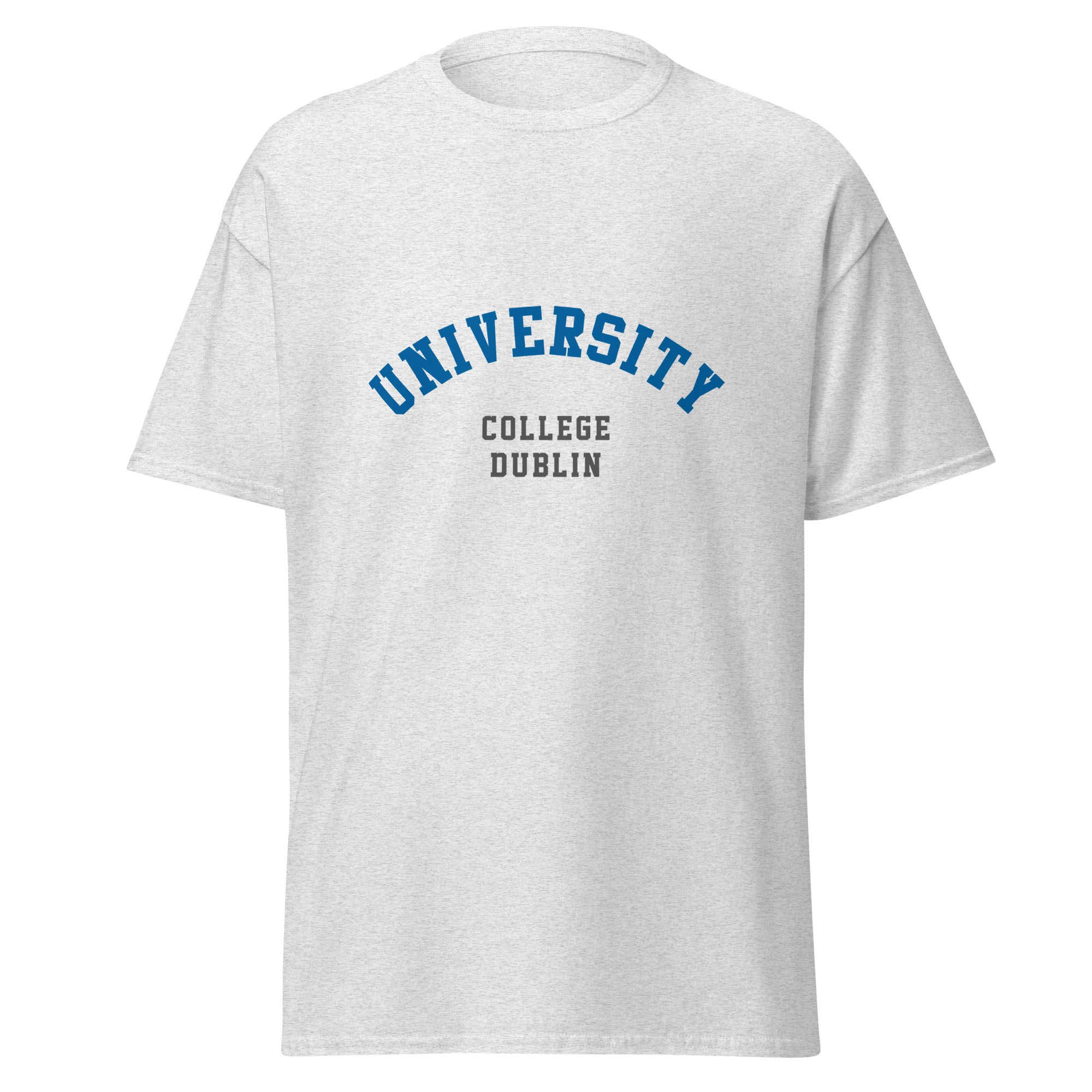 Unisex heather gray t-shirt featuring University College Dublin logo printed across the front chest