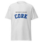Unisex heather gray t-shirt featuring University College Cork logo printed across the front chest
