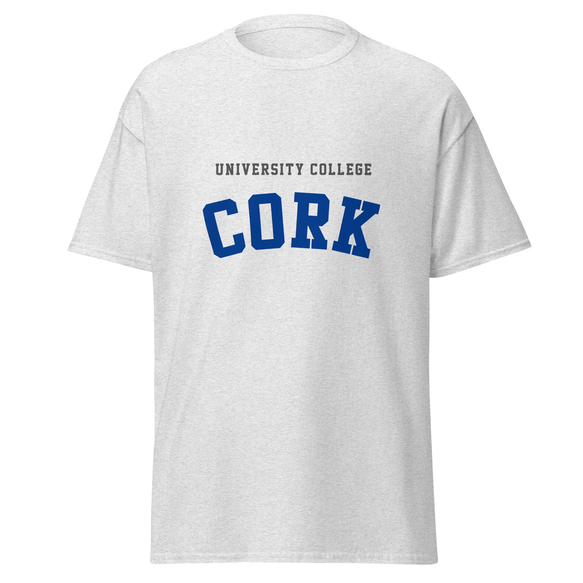 Unisex heather gray t-shirt featuring University College Cork logo printed across the front chest