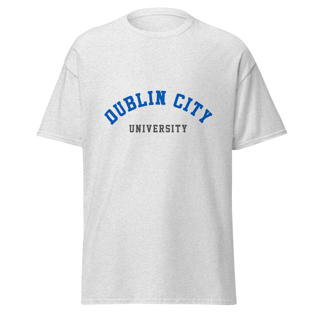 Unisex heather gray t-shirt featuring Dublin City University logo printed across the front chest