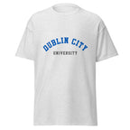 Unisex heather gray t-shirt featuring Dublin City University logo printed across the front chest