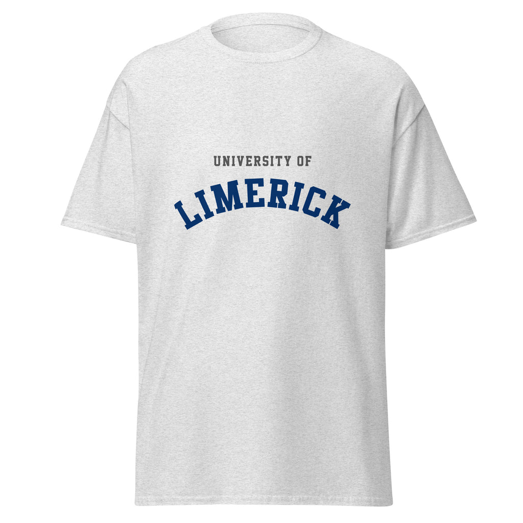 Unisex heather gray t-shirt featuring University of Limerick logo printed across the front chest