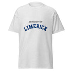 Unisex heather gray t-shirt featuring University of Limerick logo printed across the front chest