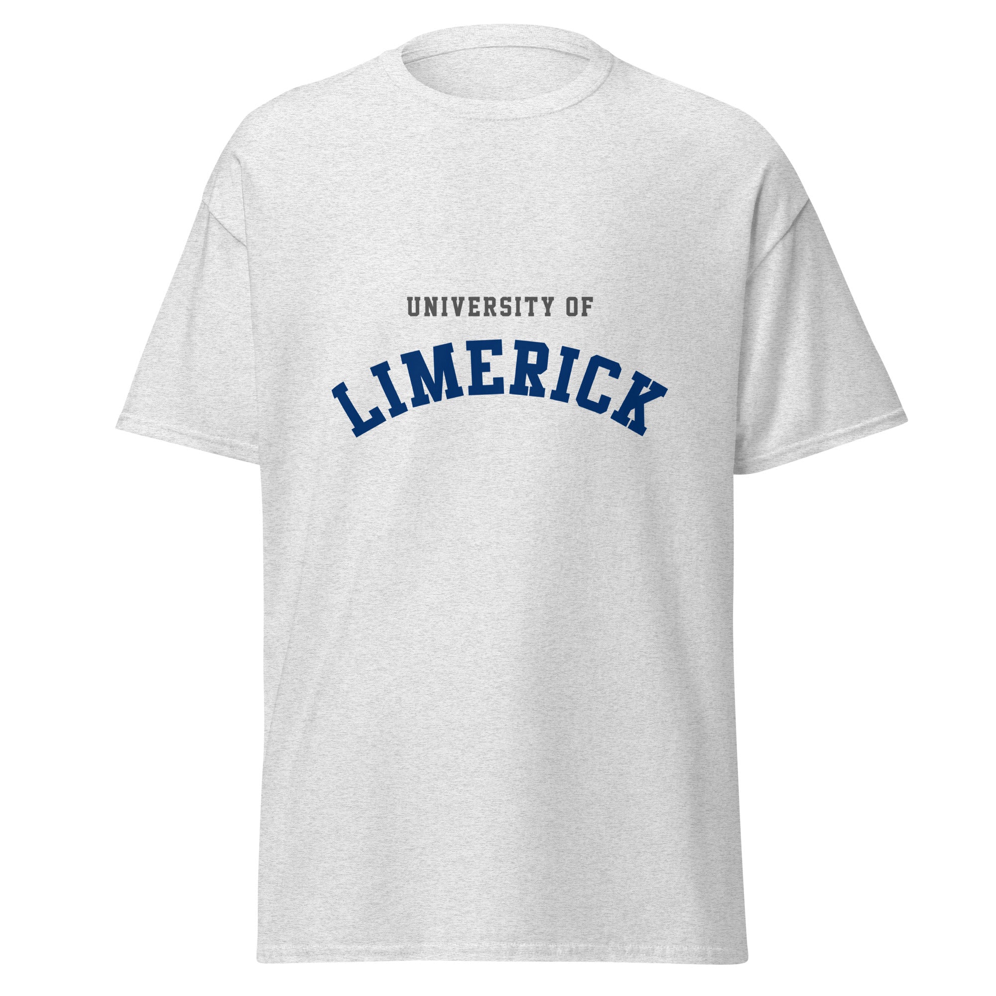 Unisex heather gray t-shirt featuring University of Limerick logo printed across the front chest