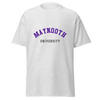 Unisex heather gray t-shirt featuring Maynooth University logo printed across the front chest