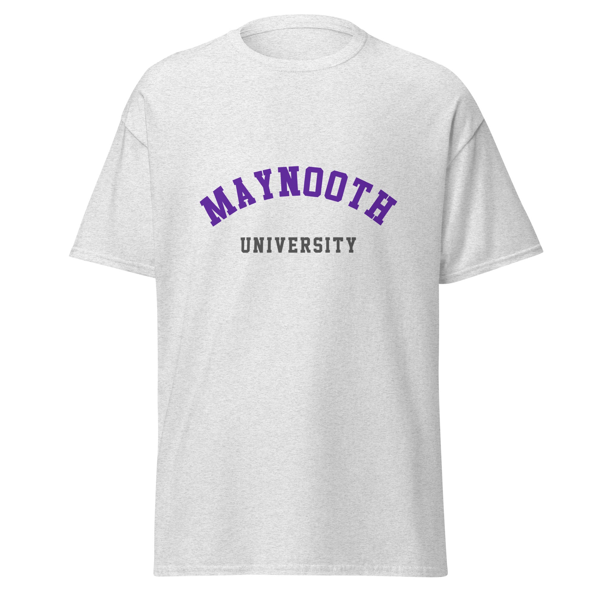 Unisex heather gray t-shirt featuring Maynooth University logo printed across the front chest