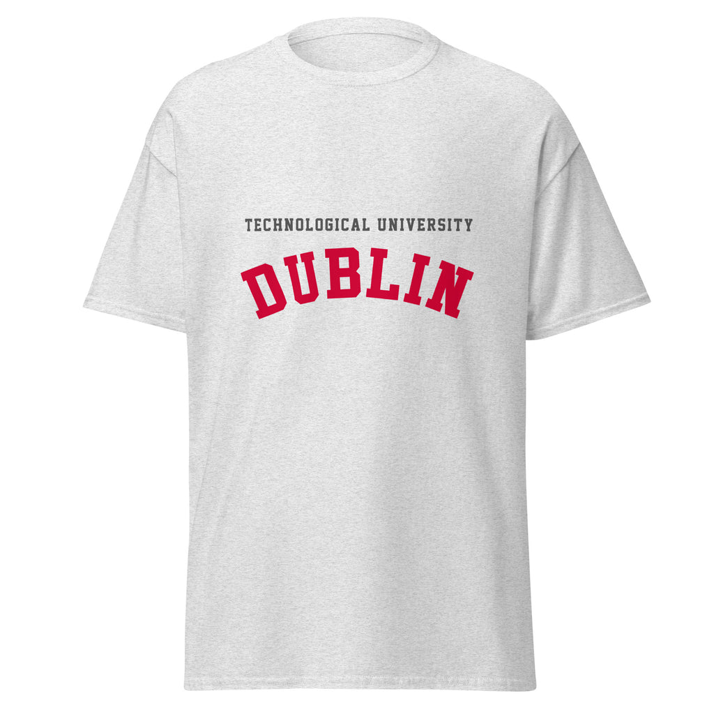 Unisex heather gray t-shirt featuring Technological University Dublin logo printed across the front chest