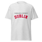 Unisex heather gray t-shirt featuring Technological University Dublin logo printed across the front chest